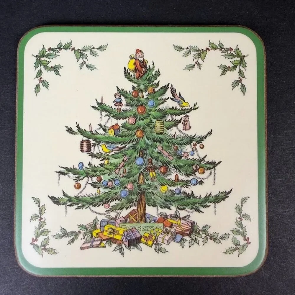 Set of 6 Spode Christmas Tree Cork/Acrylic Finish 4.25 in Coasters, Made England